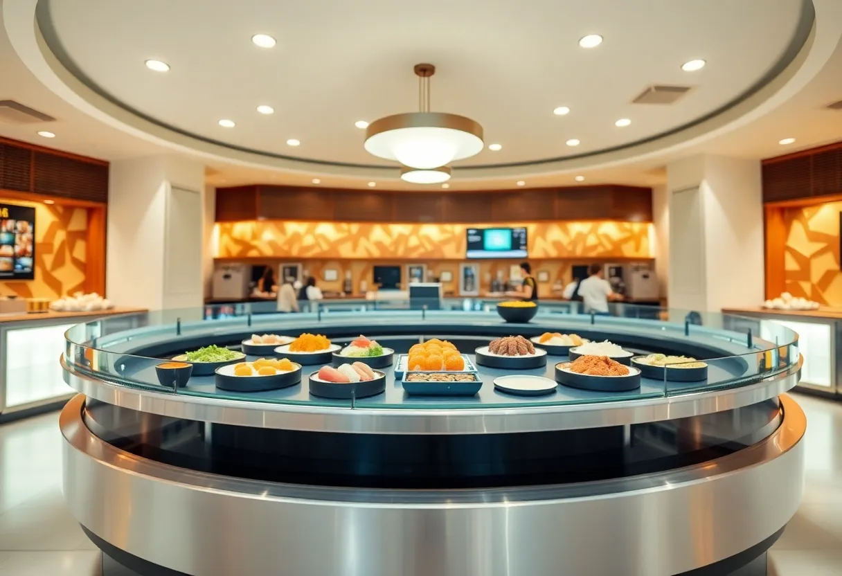 Interior of Kura Revolving Sushi Bar showing sushi on conveyor belt