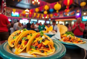 Vibrant bean and cheese tacos and celebration at Las Palapas