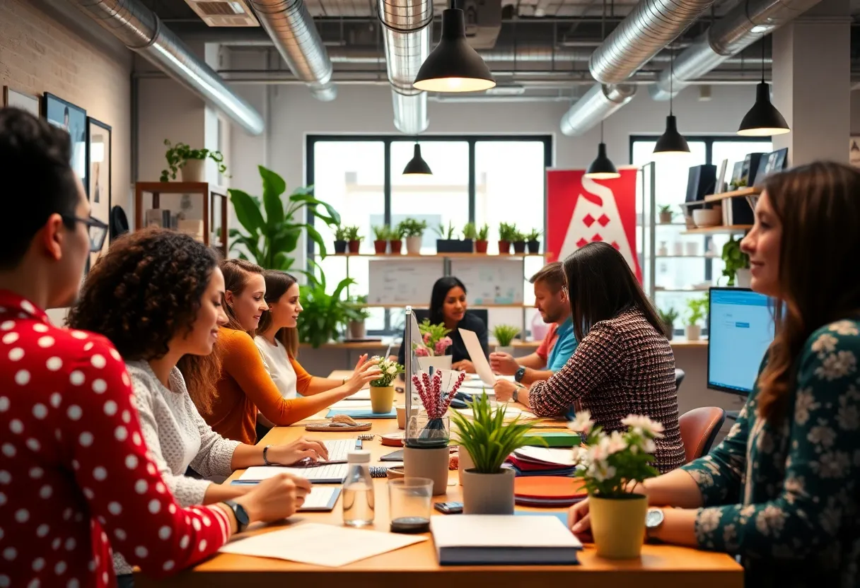 Teamwork and creativity in a marketing agency office during a leadership transition.