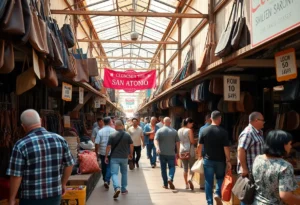 Shoppers exploring leather goods in a San Antonio market