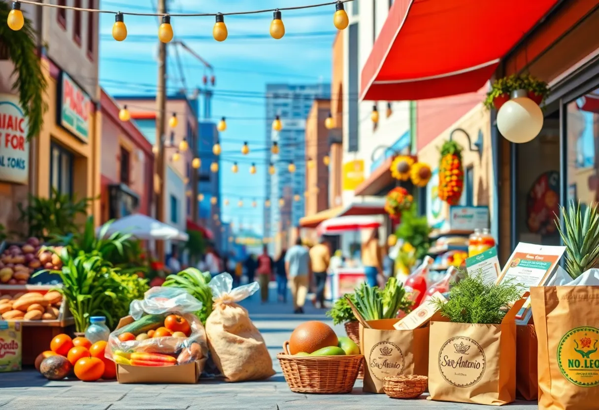 Vibrant urban celebration of local culture and H-E-B grocery store.