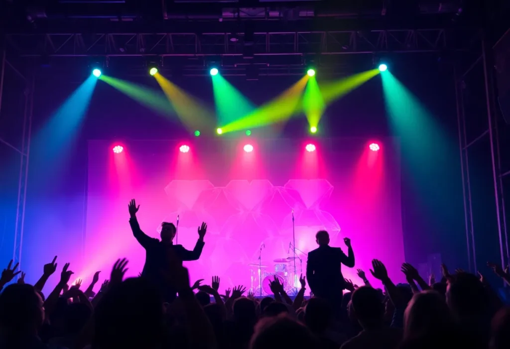 Concert scene featuring Lionel Richie and Earth Wind & Fire performing.