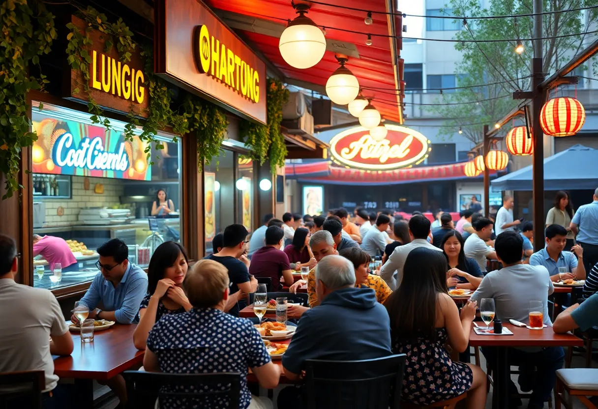 Outdoor dining scene at Lucy Cooper's Ice House with patrons enjoying their meals.