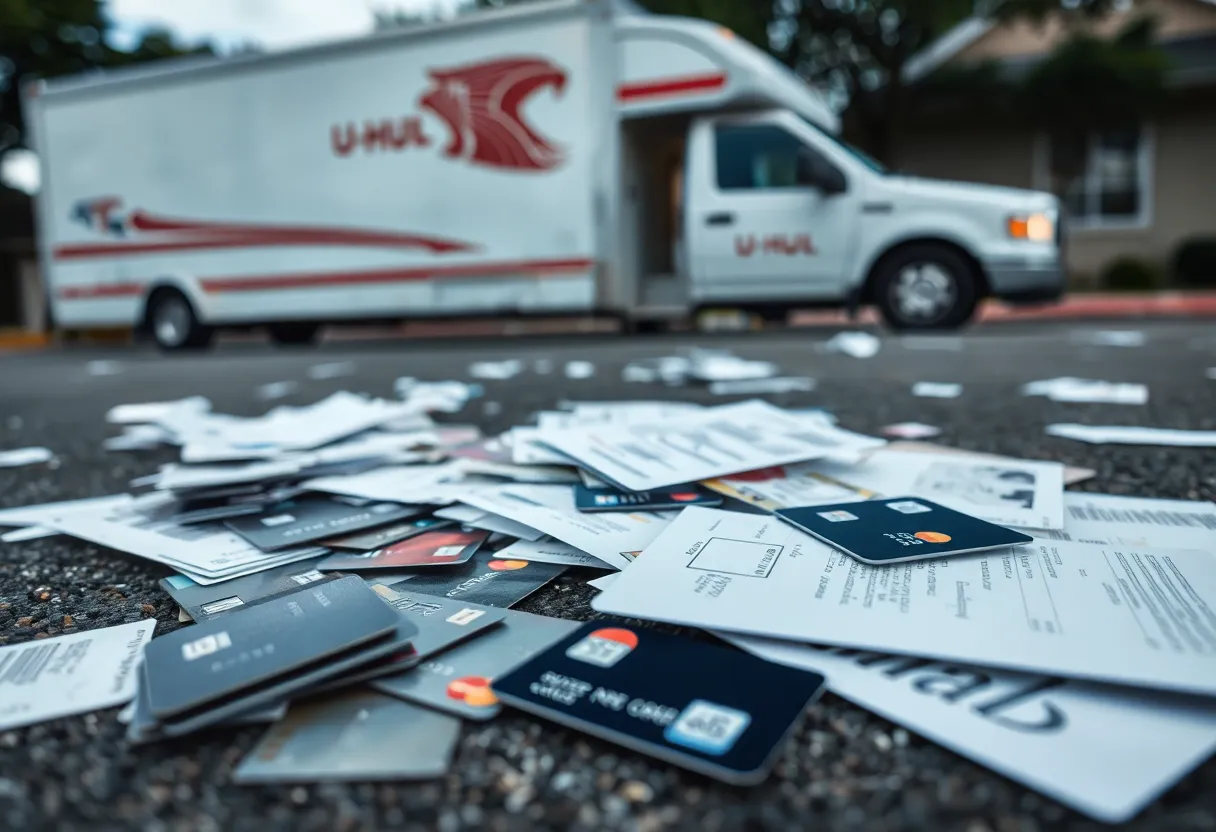 Scattered stolen mail and credit cards at a crime scene.