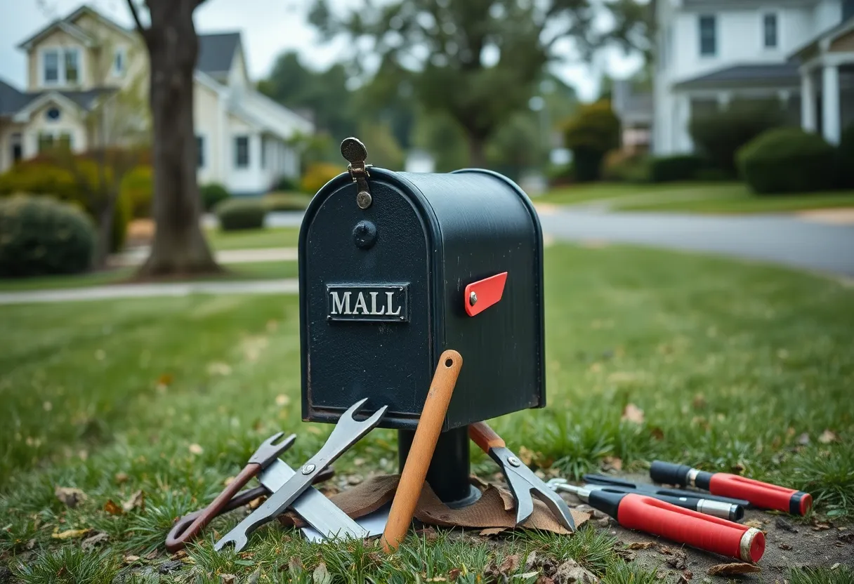A mailbox surrounded by tools associated with theft.