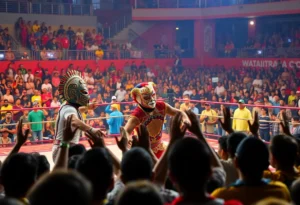 Masked wrestlers performing at the MaskedMania event in San Antonio