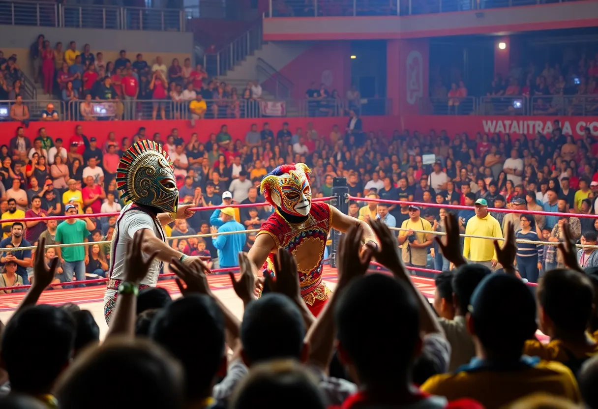 Masked wrestlers performing at the MaskedMania event in San Antonio