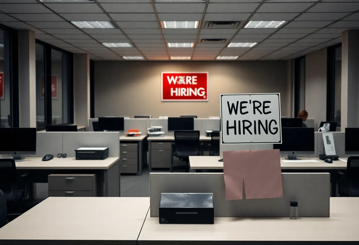 Empty office desks symbolizing mass layoffs in Texas