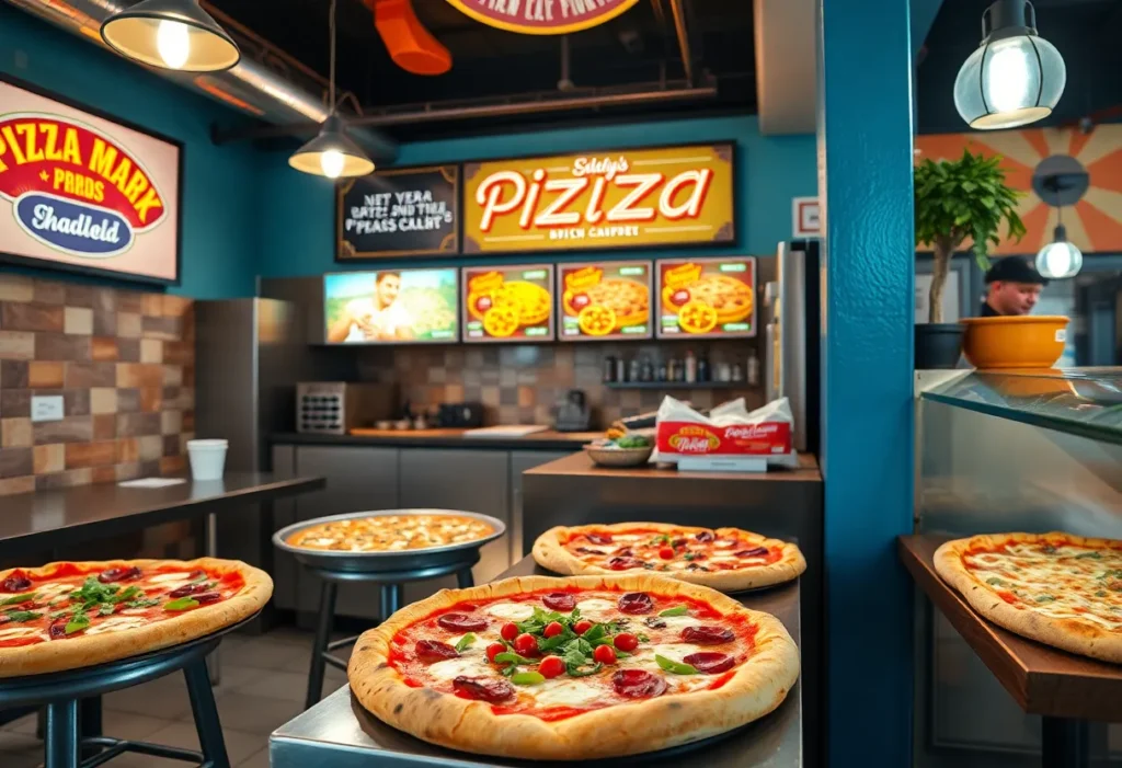 Interior of Mattenga's Pizzeria with colorful pizzas on display
