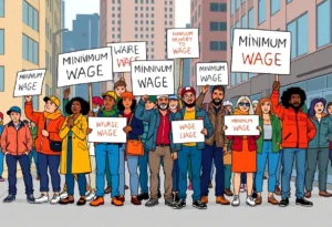 Diverse workers celebrating minimum wage increases