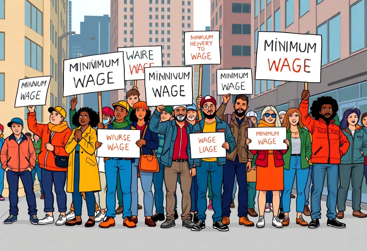 Diverse workers celebrating minimum wage increases