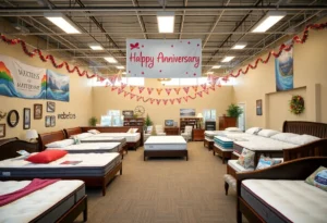 Miracle Mattress celebrating 15 years of service with various mattresses on display.