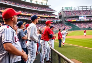Baseball fans watching a game in a stadium with multiple team banners.