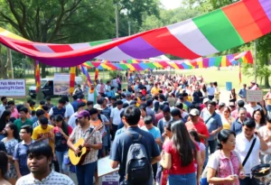 A diverse group of people celebrating at the MLK March with banners and performances.