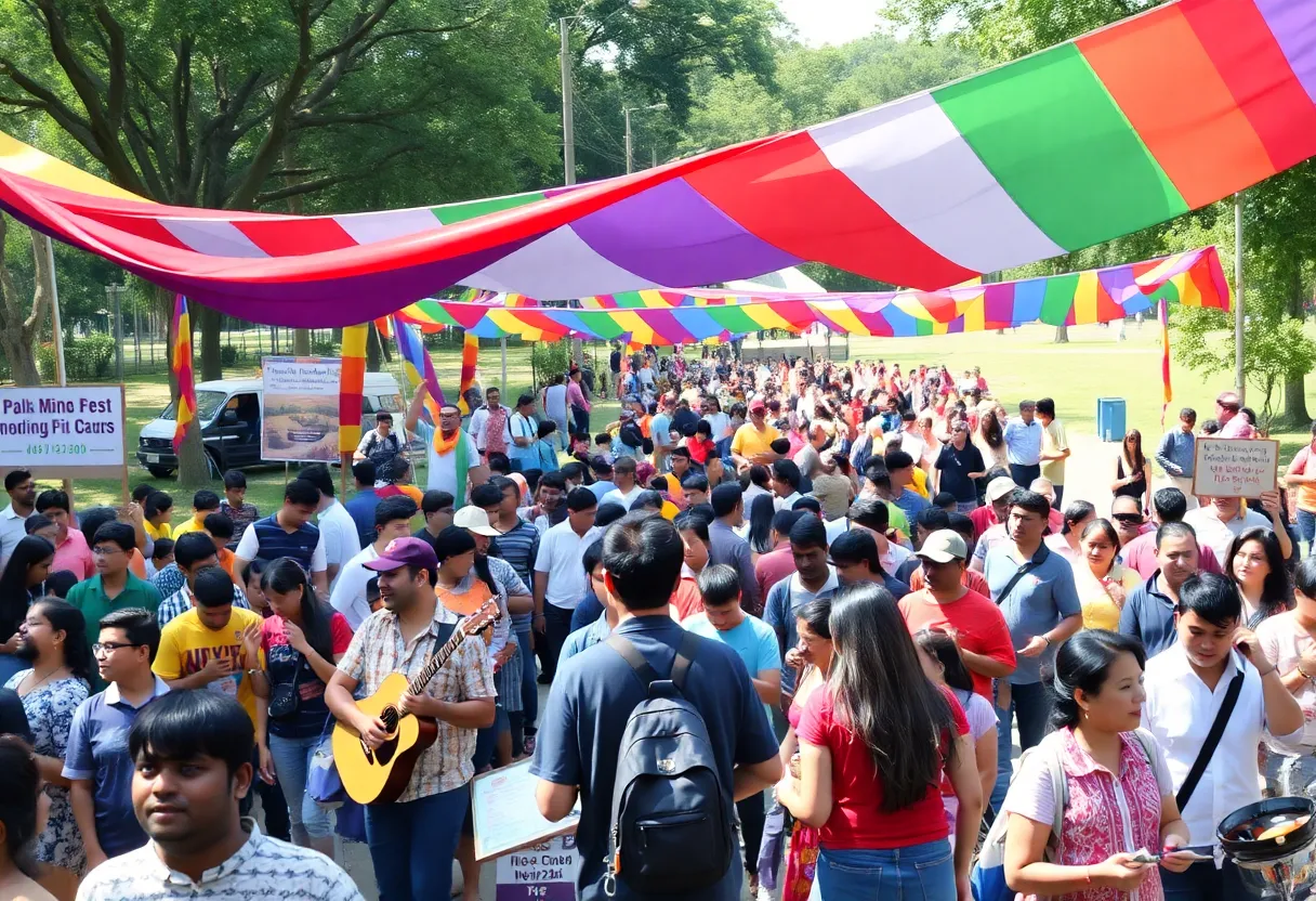 A diverse group of people celebrating at the MLK March with banners and performances.