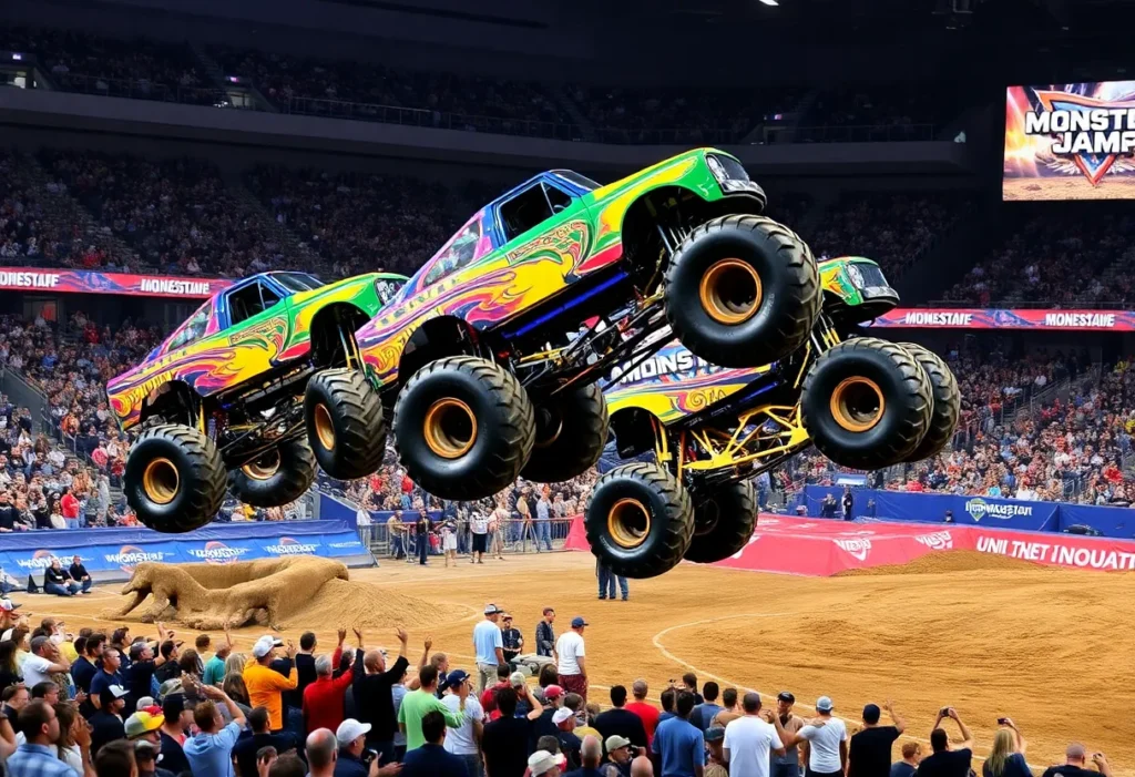 Monster trucks performing stunts at Monster Jam in San Antonio