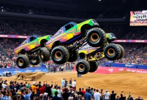 Monster trucks performing stunts at Monster Jam in San Antonio