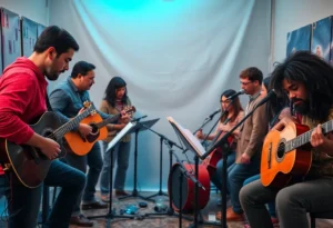 Group of musicians working together on a song dedicated to flood victims