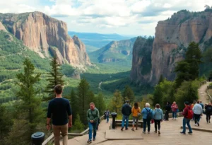 Visitors enjoying a scenic national park landscape