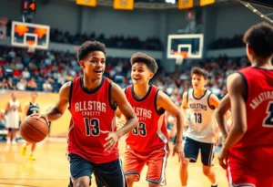 Young basketball players competing in the NBA Rising Stars event