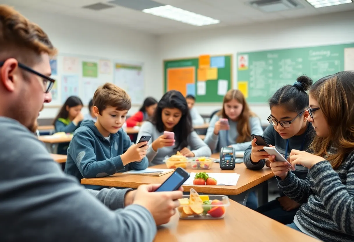 Students using cellphones in a school cafeteria during break.