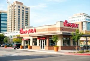Rendering of the new Chick-fil-A restaurant near UTSA in San Antonio, showcasing modern architecture.