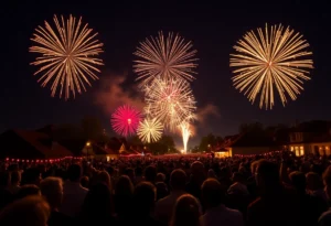 Crowd enjoying fireworks during New Year's Eve with festive decorations.