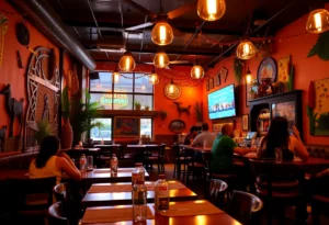 Interior of Nixtamali Molino restaurant showcasing vibrant decor and dining atmosphere.