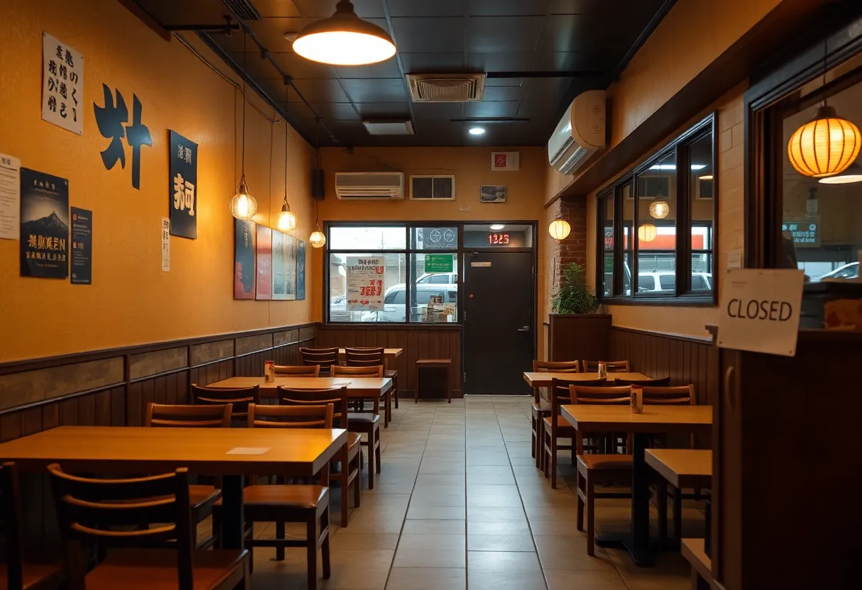 Empty tables in a ramen restaurant signifying its closure