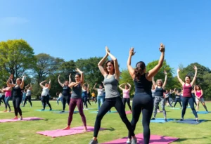 Group of people participating in free outdoor fitness classes in San Antonio.