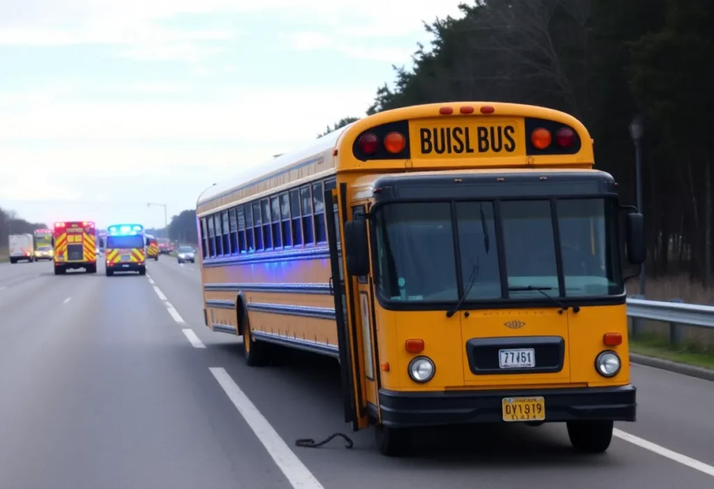 An overturned school bus on Loop 410 in San Antonio with emergency response vehicles nearby.