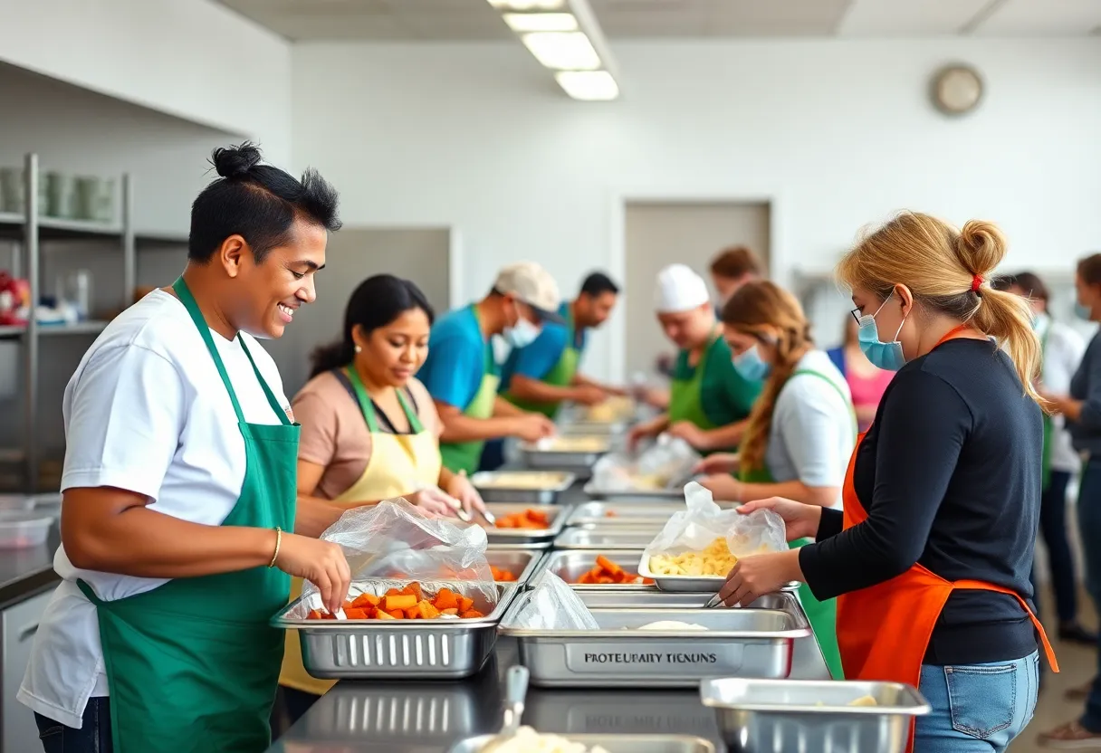 Volunteers serving food in a community kitchen