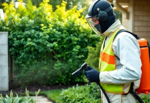 Pest control technician applying treatment in a garden