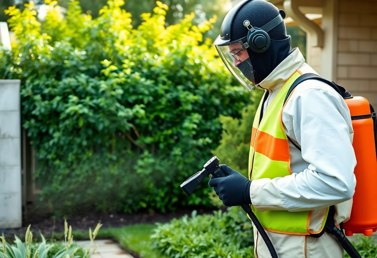 Pest control technician applying treatment in a garden