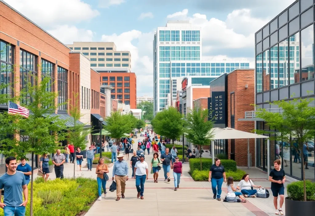 A vibrant scene in Pflugerville, Texas with people engaged in work and outdoor activities.