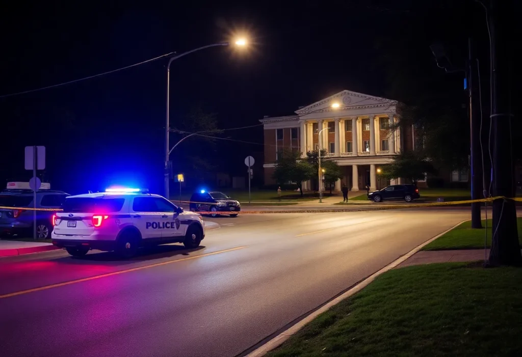 Police vehicle with flashing lights near Texas State University