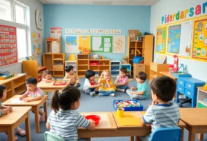 Children participating in activities in a pre-kindergarten classroom.