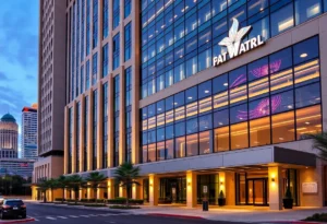 Exterior view of a hotel near Frost Bank Center in San Antonio, Texas.