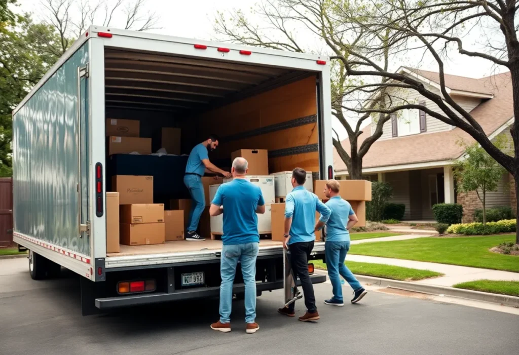 Professional movers loading a moving truck in San Antonio neighborhoods.