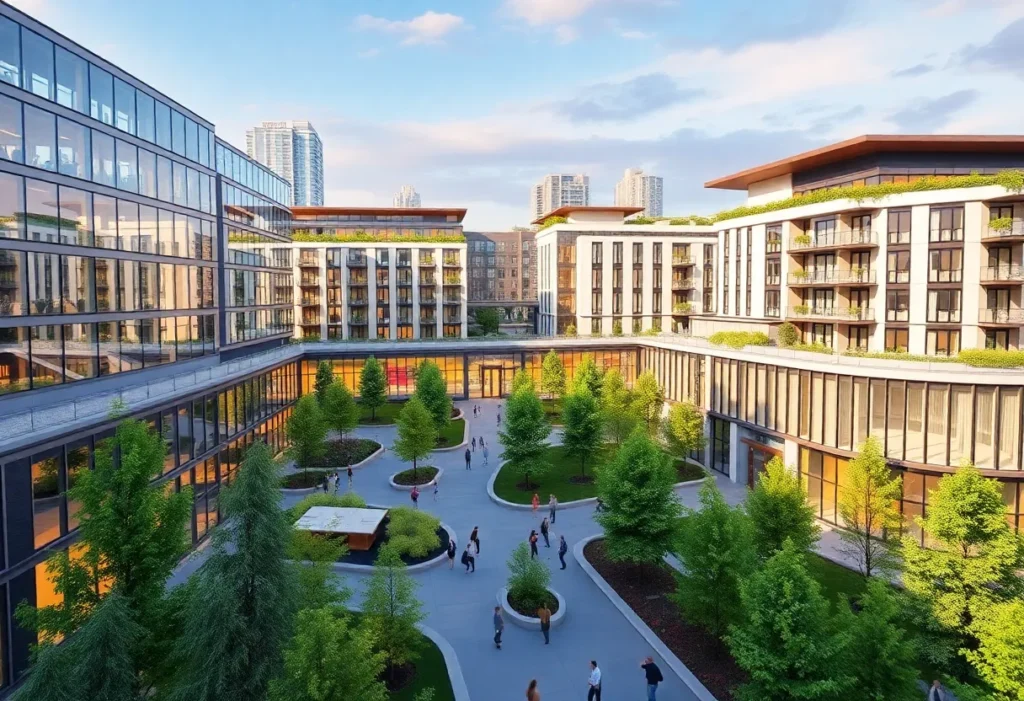 Artist's rendering of the proposed mixed-use development at Brooks with modern architecture.