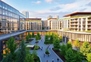 Artist's rendering of the proposed mixed-use development at Brooks with modern architecture.