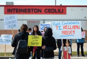 Demonstrators holding signs outside an immigration detention center