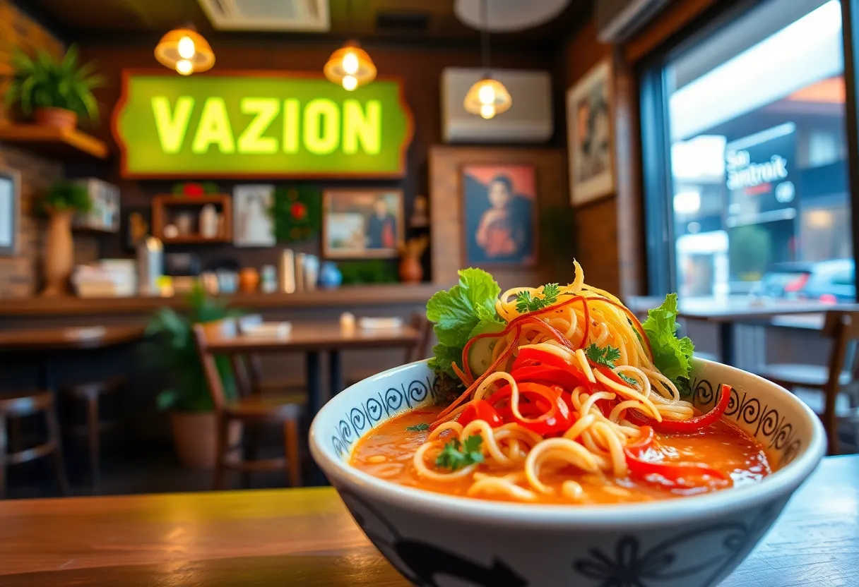 A ramen bowl in a cozy restaurant ambiance in San Antonio