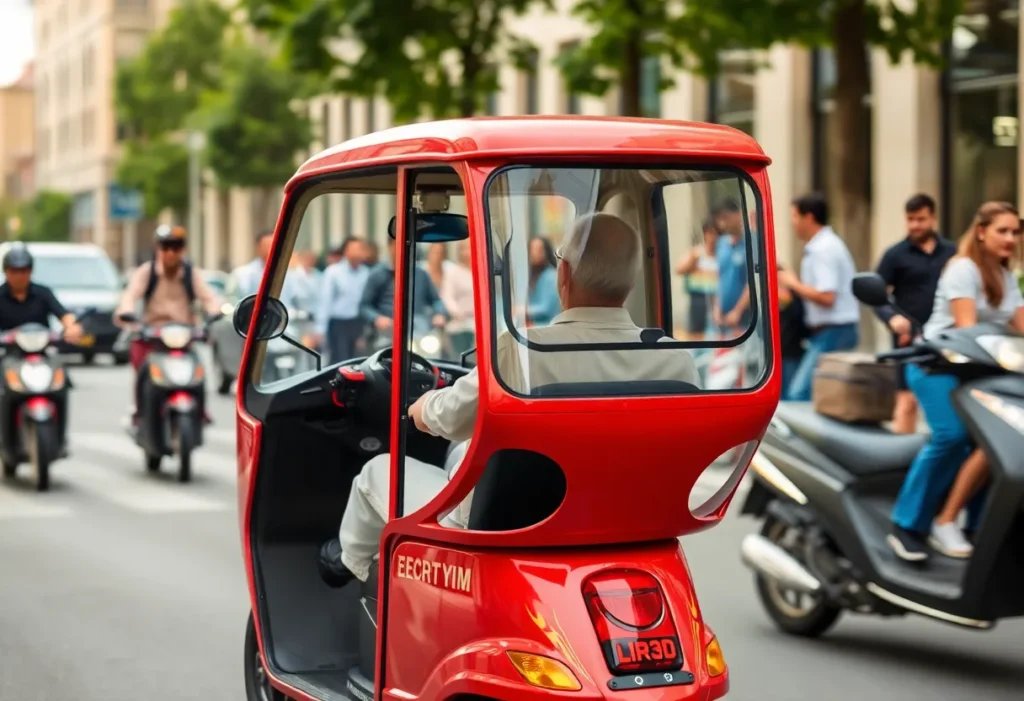 A compact red electric mobility scooter with an enclosed cabin seen on urban streets