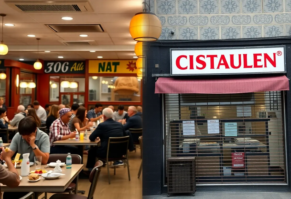 A split image showing a busy restaurant and a closed restaurant to depict challenges in the industry.