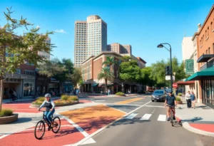 A vibrant view of Congress Avenue with green landscaping and pedestrian-friendly improvements