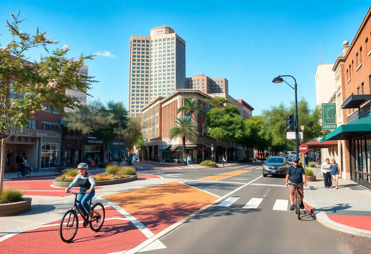 A vibrant view of Congress Avenue with green landscaping and pedestrian-friendly improvements