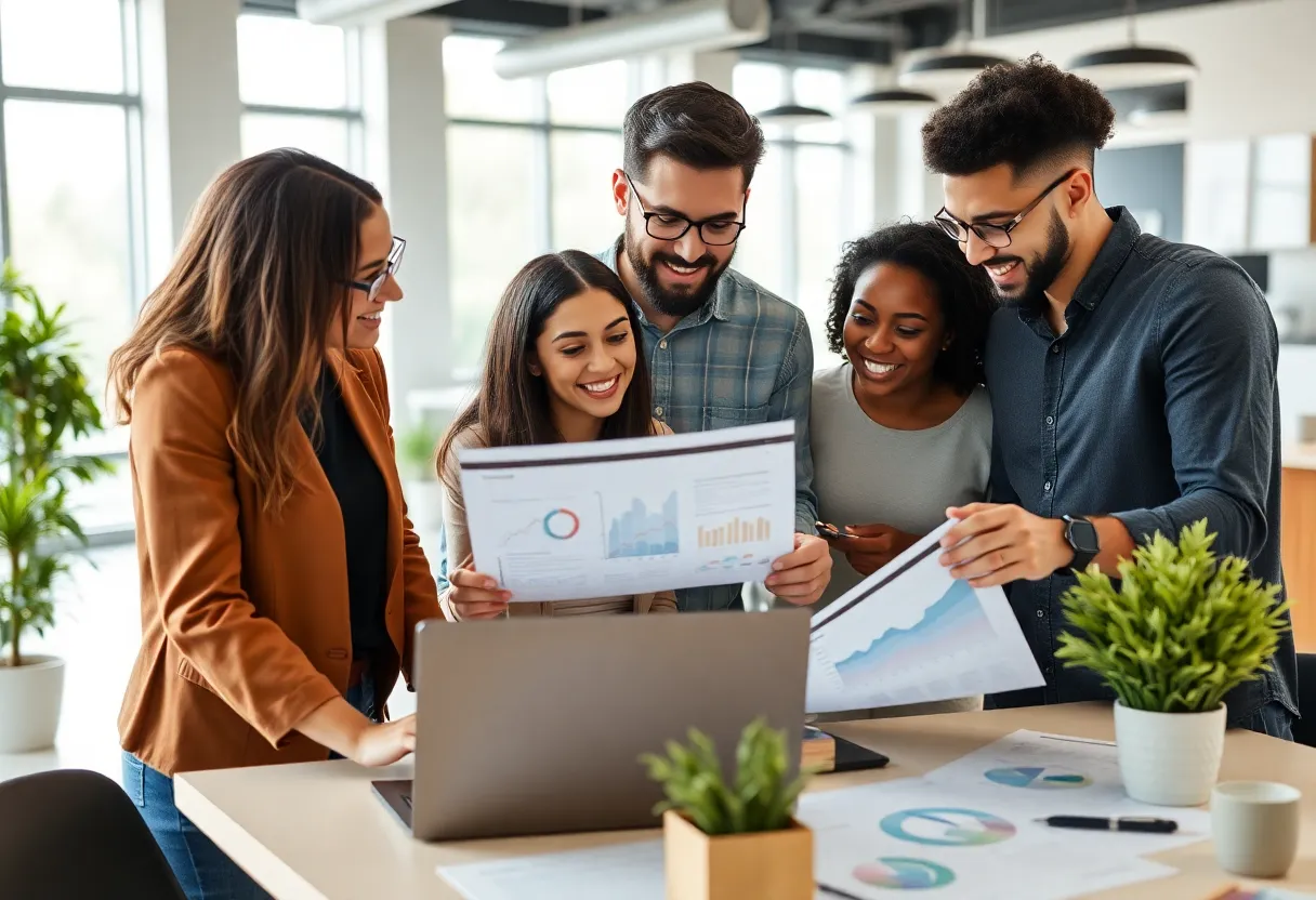 Entrepreneurs discussing website design in an office setting.