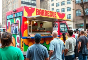 Rollin' Smoke BBQ food truck with community members.