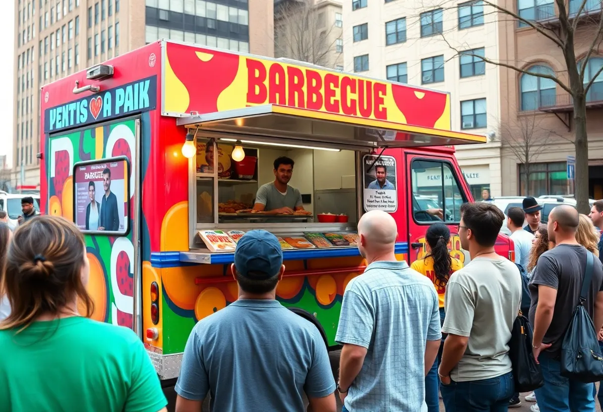 Rollin' Smoke BBQ food truck with community members.